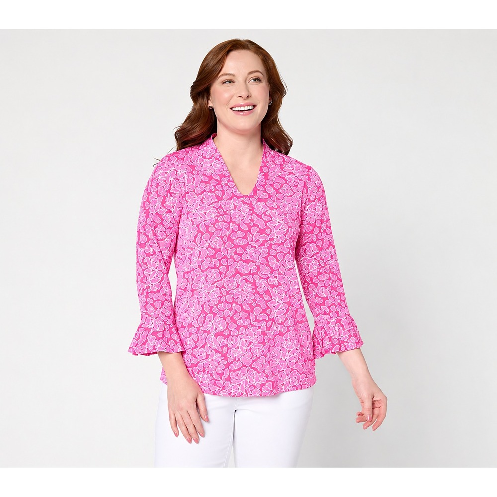 Susan Graver Printed Liquid Knit Voop-Neck Top with Flutter Sleeves Fuchs, Large